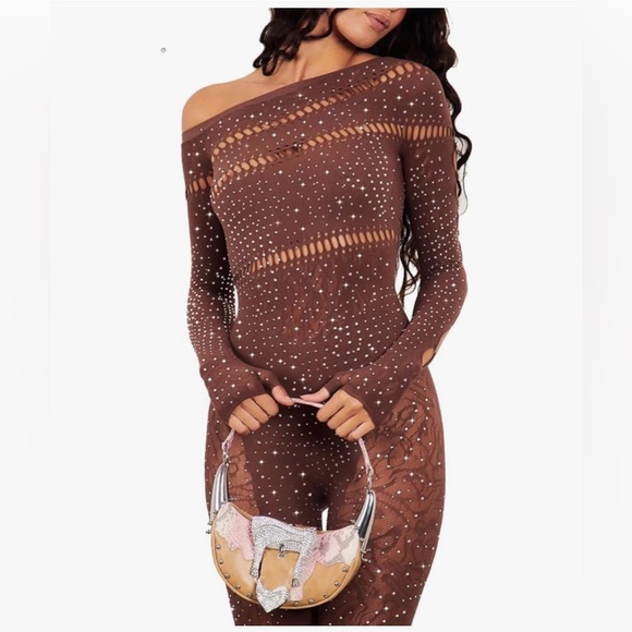 SOLD ❌Message me for reorder!New Chic Brown Rhinestone Jumpsuit one size - Picture 5 of 5